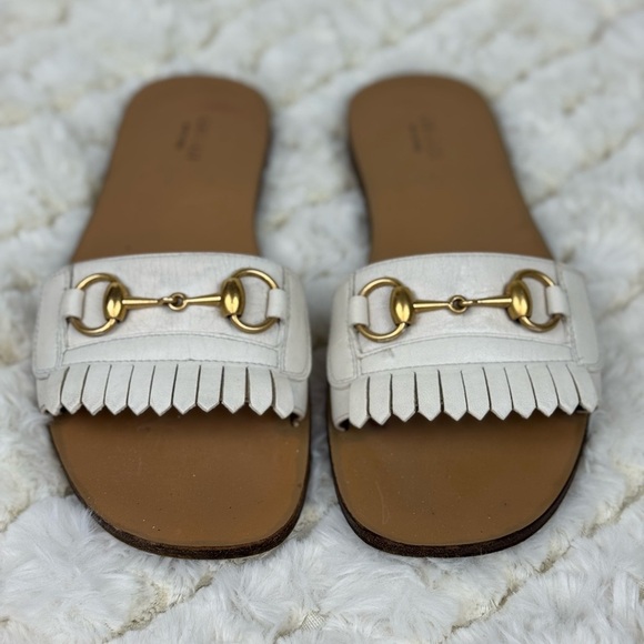 Gucci White and Gold Slide Sandals with Fringe Size 39 - Picture 3 of 13